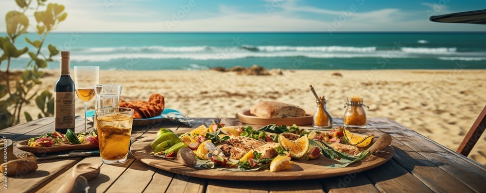 chair with food on tropical white sand beach