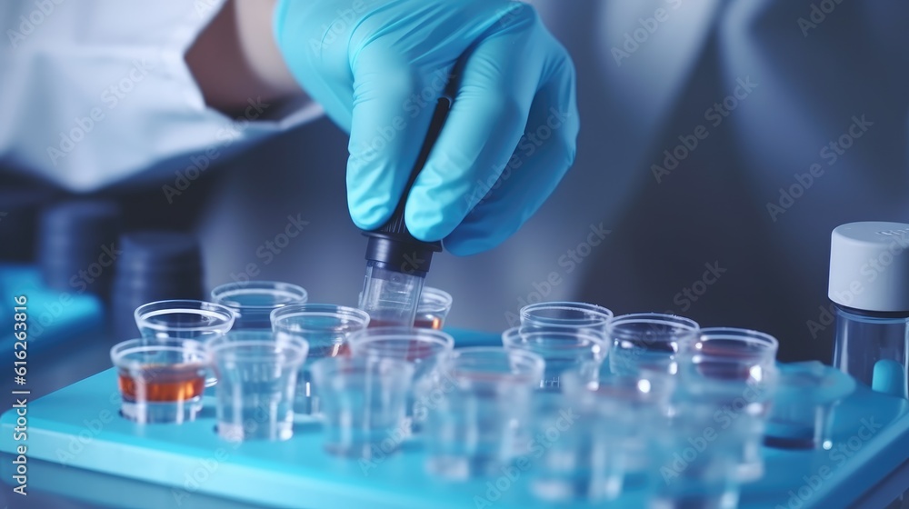 A laboratory technician makes microscopic bacteriological examination with the reagents. Work in microlaboratories A laboratory technician makes microscopic bacteriological examination with the reagents. Work in microlaboratories