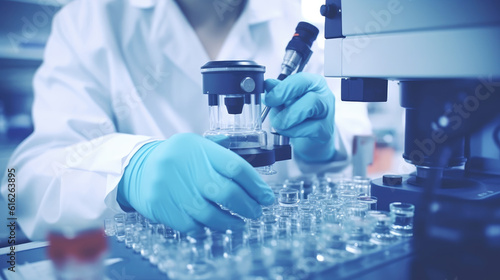 A laboratory technician makes microscopic bacteriological examination with the reagents. Work in microlaboratories