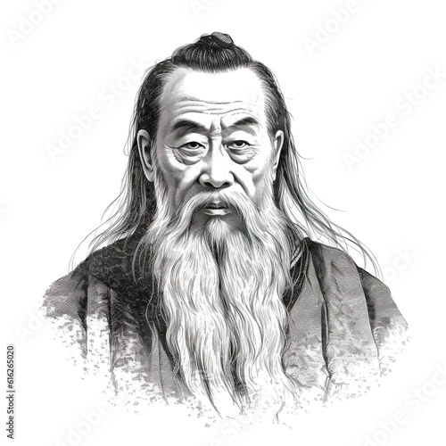 Black and white vintage engraving, headshot portrait of Confucius (Kong Qiu or Kong Fuzi) with long beard, face straight-on, facing camera, white background - Generative AI