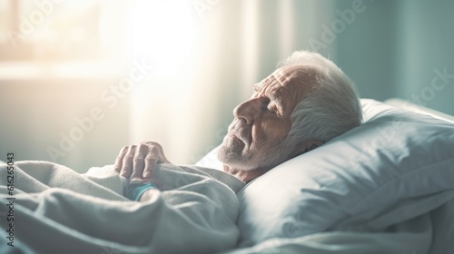An elderly man in bed in close-up. Elderly care, hospice care. Long-term care for the elderly, rehabilitation