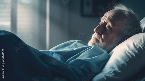 An elderly man in bed in close-up. Elderly care, hospice care. Long-term care for the elderly, rehabilitation photo