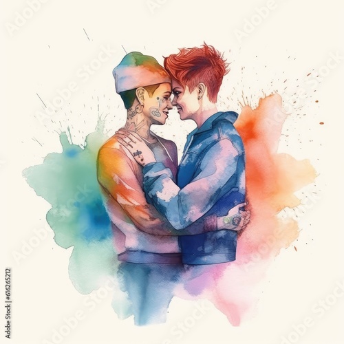 Watercolor painting of LGBT couple aged thirty