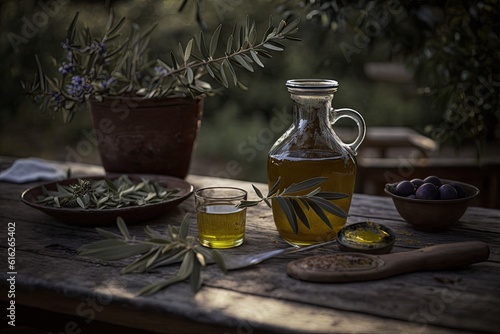 wooden table with a variety of olives and a bottle of olive oil. Generative AI