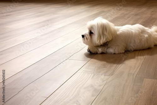 cozy white dog resting on a hardwood floor