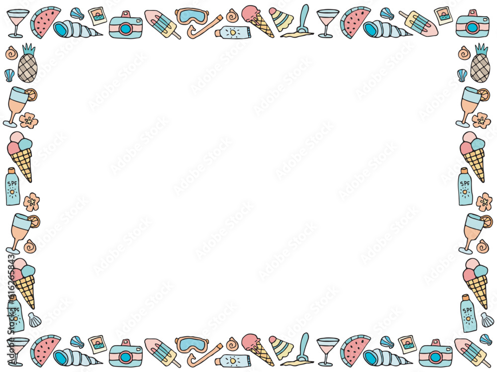 Doodle beach elements frame, simple rectangular summer vacation border, invitation card sunny design