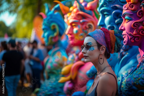 A person at an art festival with extravagant sculptures and vibrant colors. GENERATIVE AI