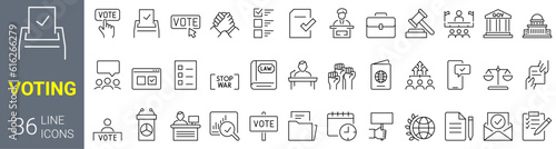 Set of 36 Politics and diplomacy. Voting Related Vector Line Icons. Raising Hands, Electronic voting and more. Editable Stroke