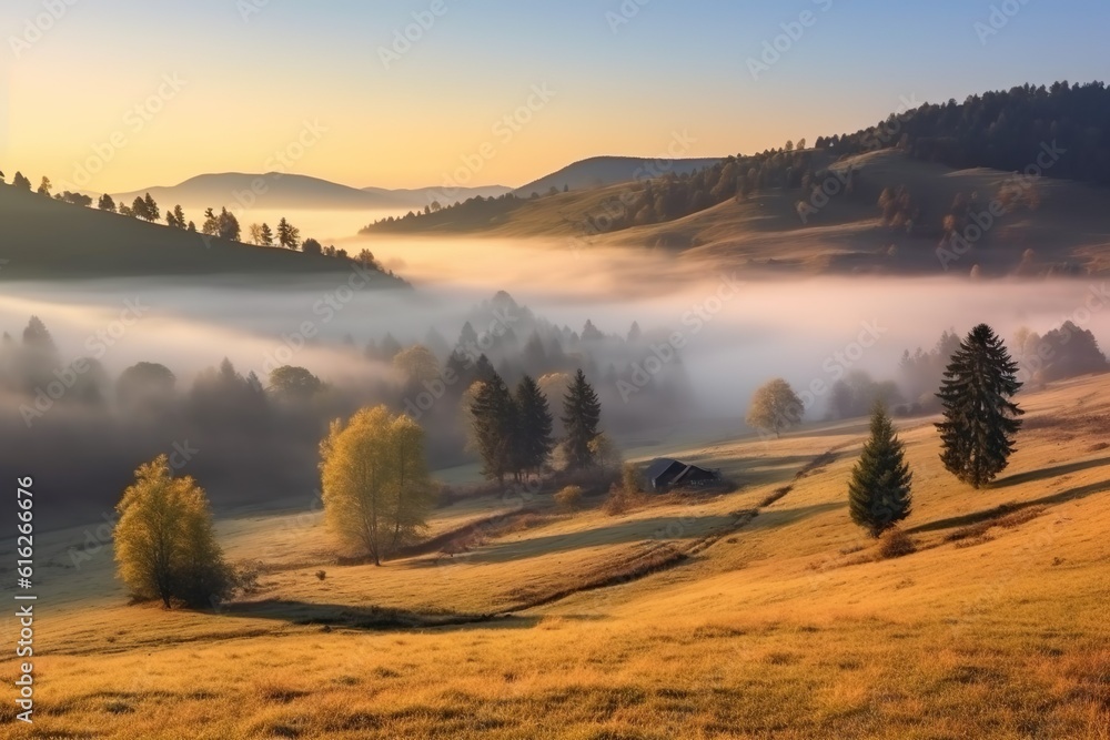 fog in the valley behind the trees on a grassy hill