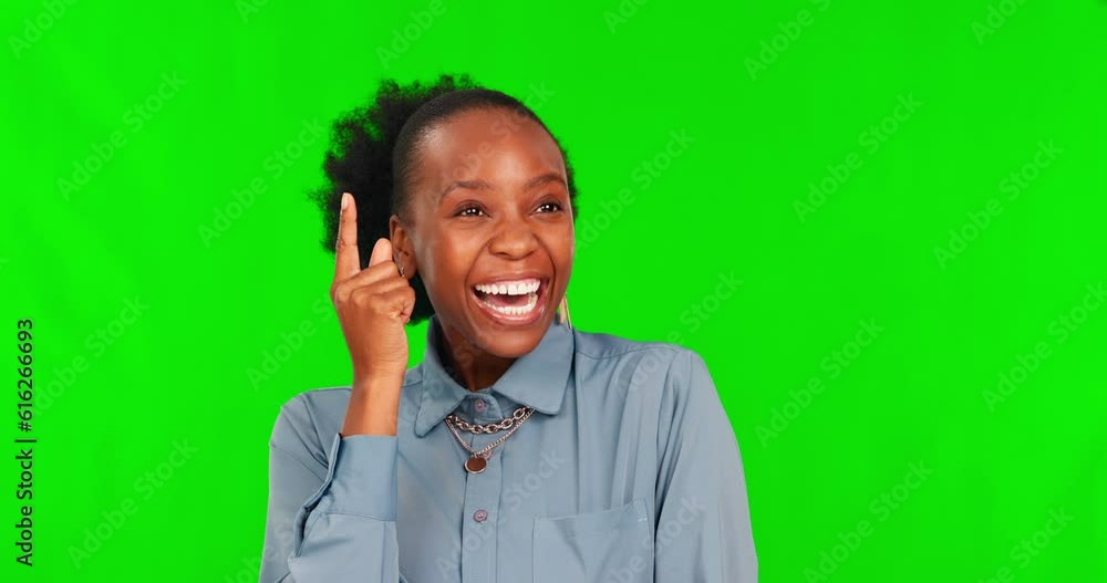 Green screen, thinking or black woman with solution, problem solving or opportunity on a studio background. Female person, model and girl with choice, goals and excited with inspiration or creativity Green screen, thinking or black woman with solution, problem solving or opportunity on a studio background. Female person, model and girl with choice, goals and excited with inspiration or creativity
