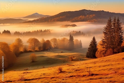 countryside landscape in mountains at sunrise