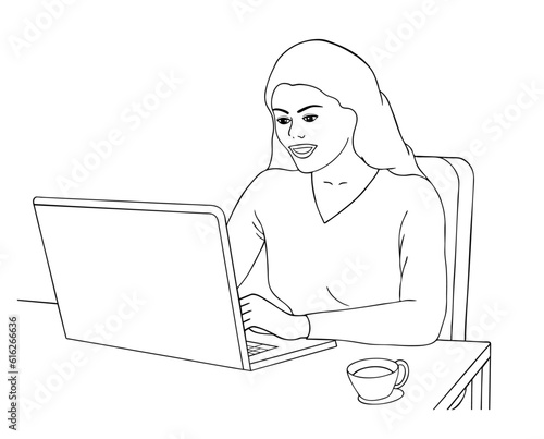 Woman sitting with computer laptop working in flat design vector illustration with white background.