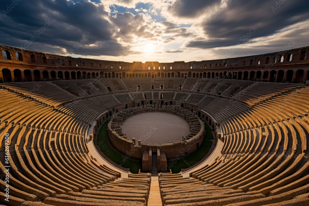 Roman amphitheater at sunlight time in Italy.