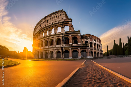 The Roman colosseum at sunset in Rome, Italy