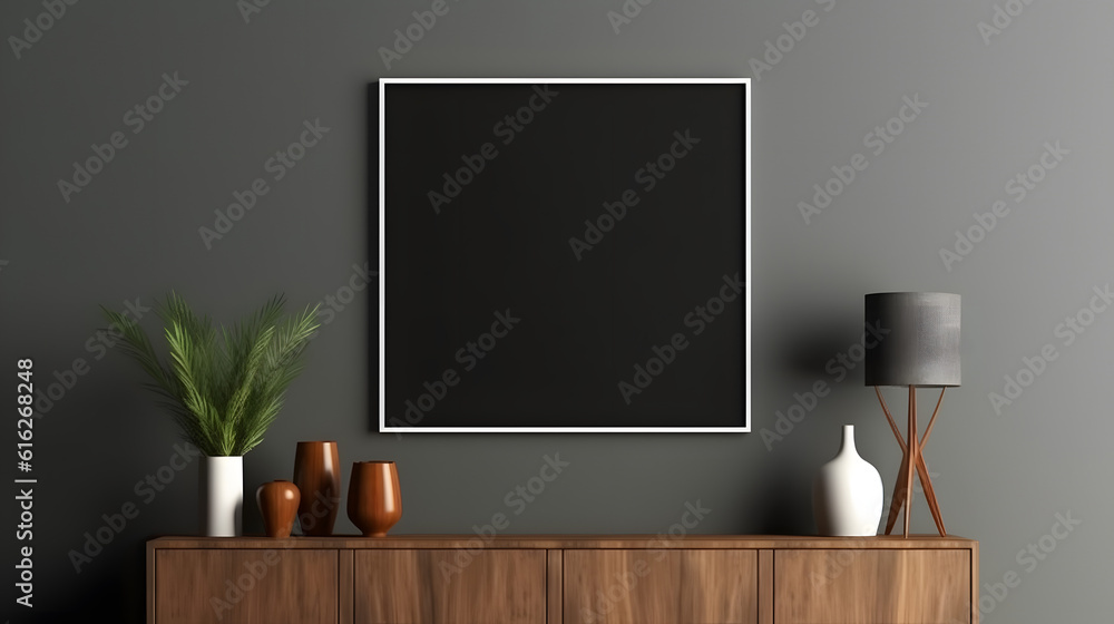 Mockup frame on cabinet in living room interior on empty dark wall ...