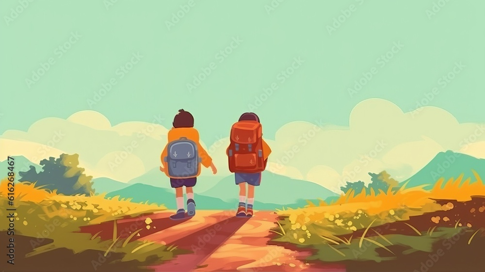 
Children go hand in hand with school backpacks and a knapsack. Walk to school along the path. Horizontal, Place for text. generative AI