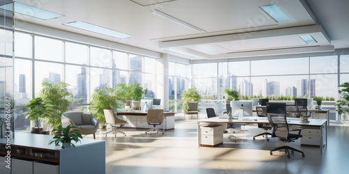 Modern office with beautiful light-filled interior, panoramic windows and elegant lighting - AI Generated
