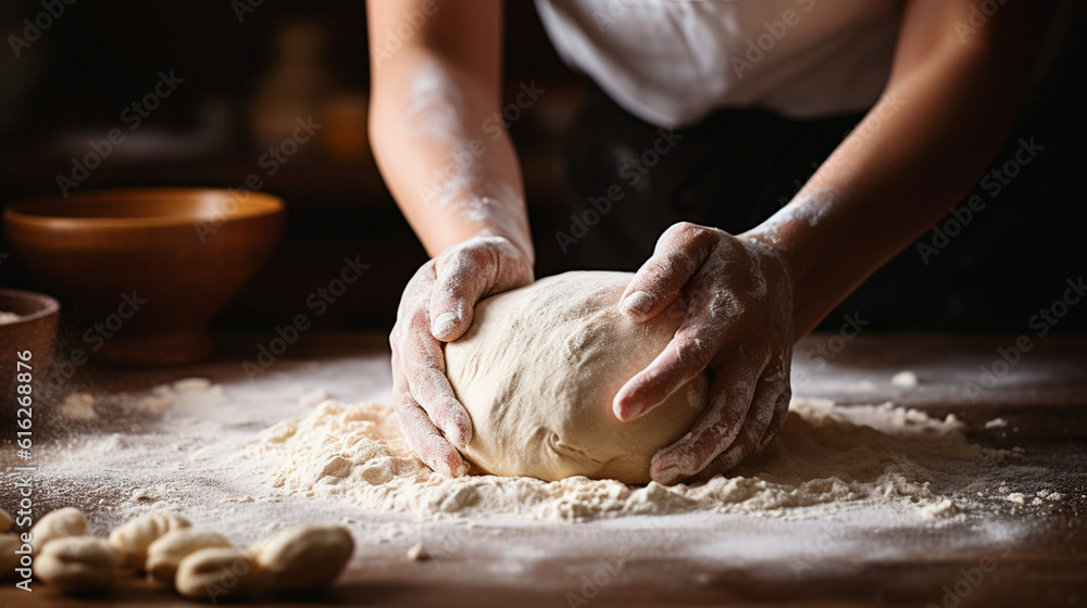 A close-up shot of an ethnic girl's hands kneading dough on a wooden countertop, creating traditional homemade bread Generative AI
