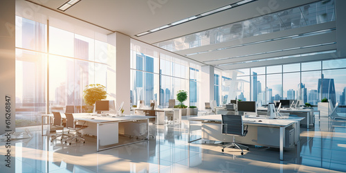 Modern office with beautiful light-filled interior, panoramic windows and elegant lighting -  AI Generated © mbruxelle