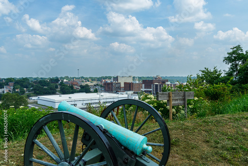 View from of St. Joseph, Mo from Civil war era Fort Smith with a replica cannon in the foreground