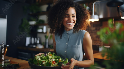 An ethnic girl with a radiant smile, plating a beautifully presented salad with vibrant ingredients in a modern kitchen Generative AI