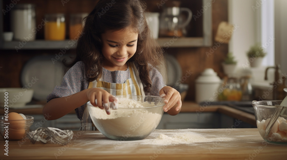 A young ethnic girl passionately whisking eggs in a stainless steel bowl, creating a fluffy batter for a delectable dessert Generative AI A young ethnic girl passionately whisking eggs in a stainless steel bowl, creating a fluffy batter for a delectable dessert Generative AI