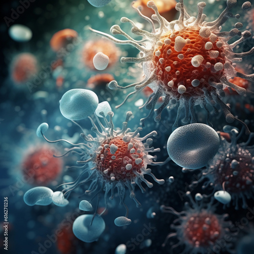Beautiful 3d rendering of VIRUS microscope. perfect background for your computer or laptop. Perfect colors are beautiful. Perfect to use for your website, content, linkedin post (Generated with AI)