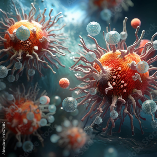 Beautiful 3d rendering of VIRUS microscope. perfect background for your computer or laptop. Perfect  colors are beautiful. Perfect to use for your website, content, linkedin post (Generated with AI) © AI DREAMS