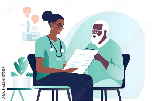  Flat vector illustration consulting medical and checklist with old man and nurse for retirement rehabilitation or physical therapy help empathy and healing w patient and black woman in nursing home f © VIX