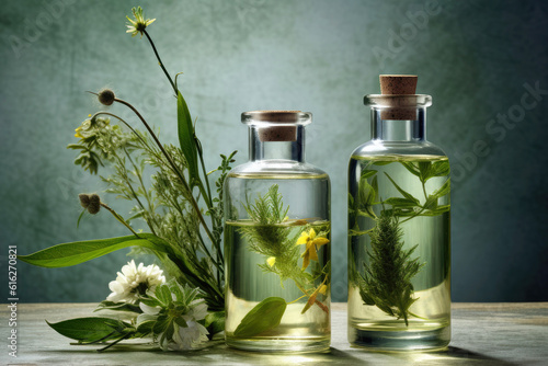 Jars with tinctures of medicinal herbs. Alternative medicine