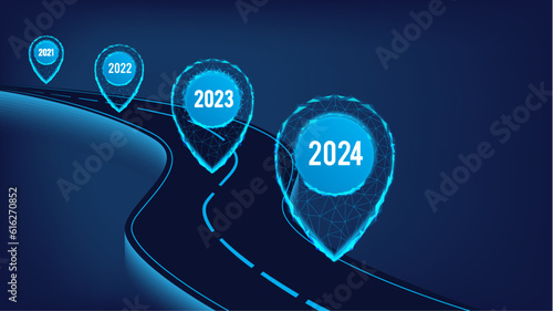  Navigation concept. Logistic concept.  New Year 2024. Road with polygonal  pointers.