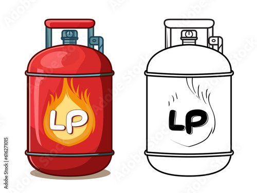 LPG cylinder cartoon vector illustration, LP gas cylinder , Liquefied petroleum gas container cartoon vector image , colored and black and white stock vector