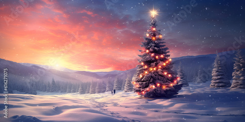 Christmas Tree , Winter background with bright lights and snow on christmas tree with decorations, generative Ai  © Mustafa