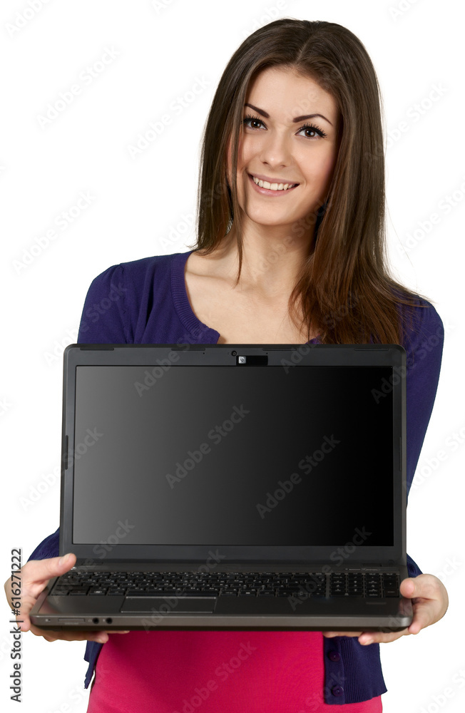 Friendly Young Woman Holding Laptop - Isolated Friendly Young Woman Holding Laptop - Isolated