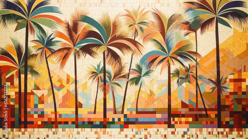 Sand-colored background with geometric pattern and palm trees