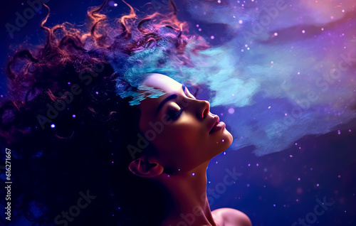 Beautiful woman with hair floating in the galaxy.