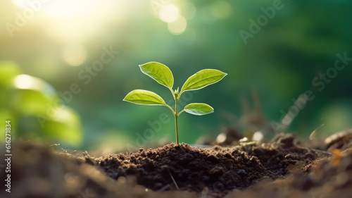 Growing Seedling with Morning Sunshine on Green Bokeh Background  AI generated