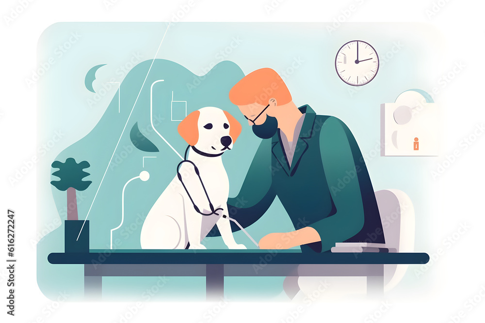  Flat vector illustration closeup shot of veterinarian hands checking dog by stethoscope in vet clinic 