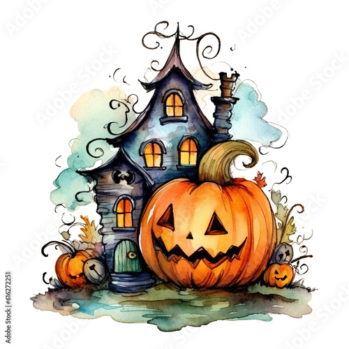 A watercolor painting of a halloween house. Generative AI. © tilialucida