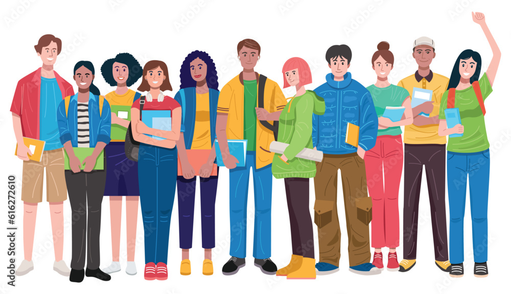 Fototapeta premium Set of multicultural students dressed casual holding books isolated on white background, vector illustration