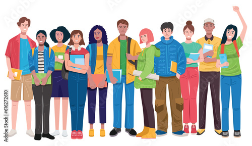 Set of multicultural students dressed casual holding books isolated on white background, vector illustration