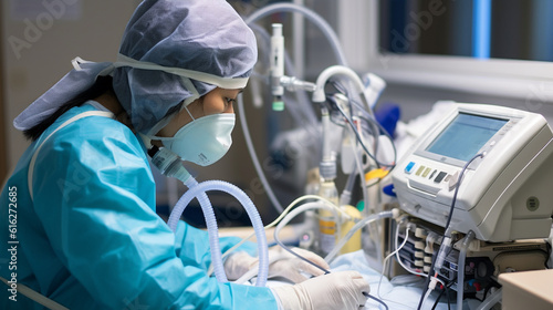 A medical worker operating a ventilator machine, providing respiratory support to a critically ill patient Generative AI