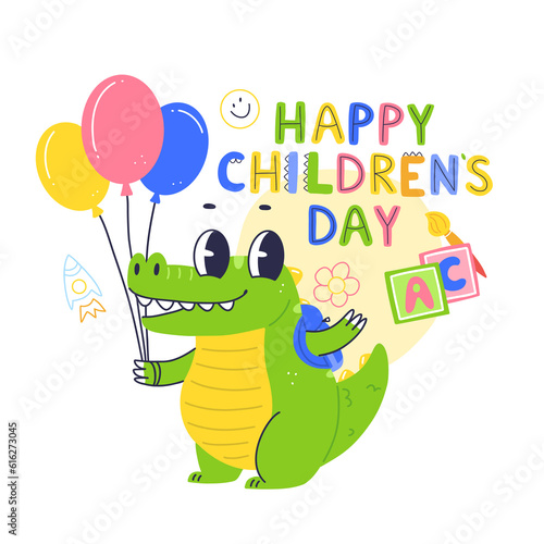 Happy children s day concept poster design with cute crocodile character. Happy baby crocodile with balloons in cartoon flat style.