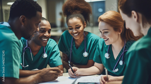 A group of healthcare workers collaborating and discussing patient care, highlighting the importance of teamwork in the medical field Generative AI