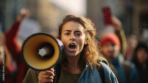 Female activist protesting with megaphone during a demonstration © Adriana
