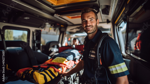 A paramedic in an ambulance, equipped with medical devices and ready to respond to emergencies with swift and skilled care Generative AI photo
