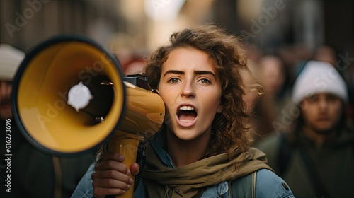 Female activist protesting with megaphone during a demonstration © Adriana