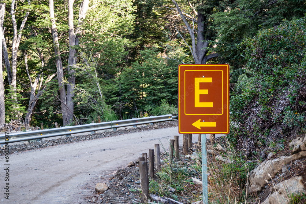 Sign indicating parking area on the way to Cerro Tronador, Mascardi area, Bariloche, Argentina Sign indicating parking area on the way to Cerro Tronador, Mascardi area, Bariloche, Argentina