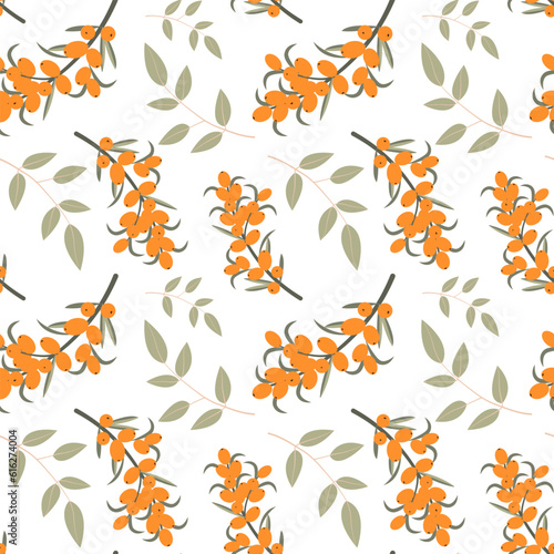 Cute sea buckthorn seamless pattern. Bright sea buckthorn berries, twigs and leaves isolated on white background
