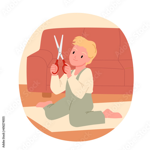 Danger of injury to child playing with sharp scissors vector illustration. Cartoon careless toddler holding home tool with unsafe blades to play, risk of dangerous situation for little baby boy